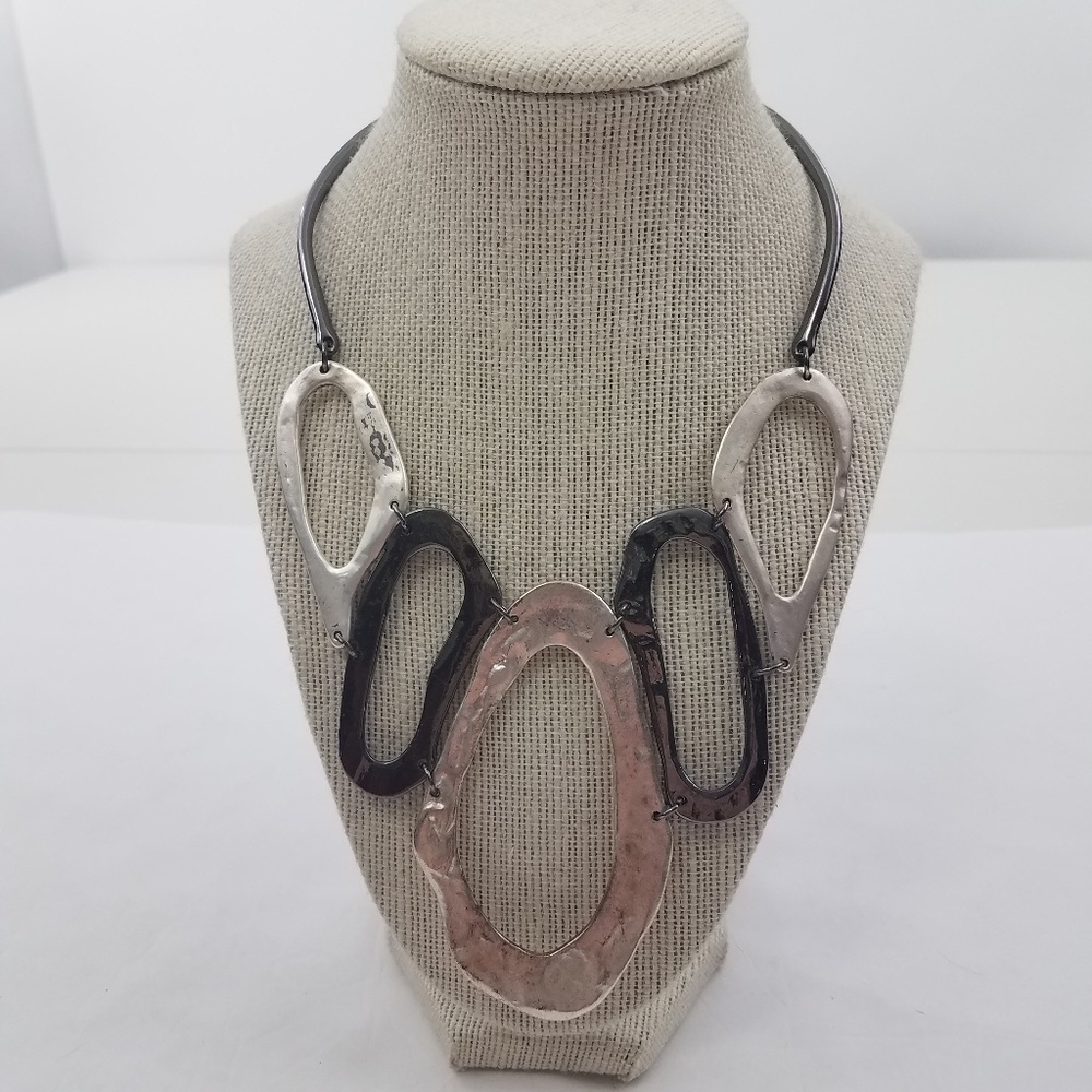 Statement Mixed-Metal Oval Link Necklace - Silver, Black, Rose